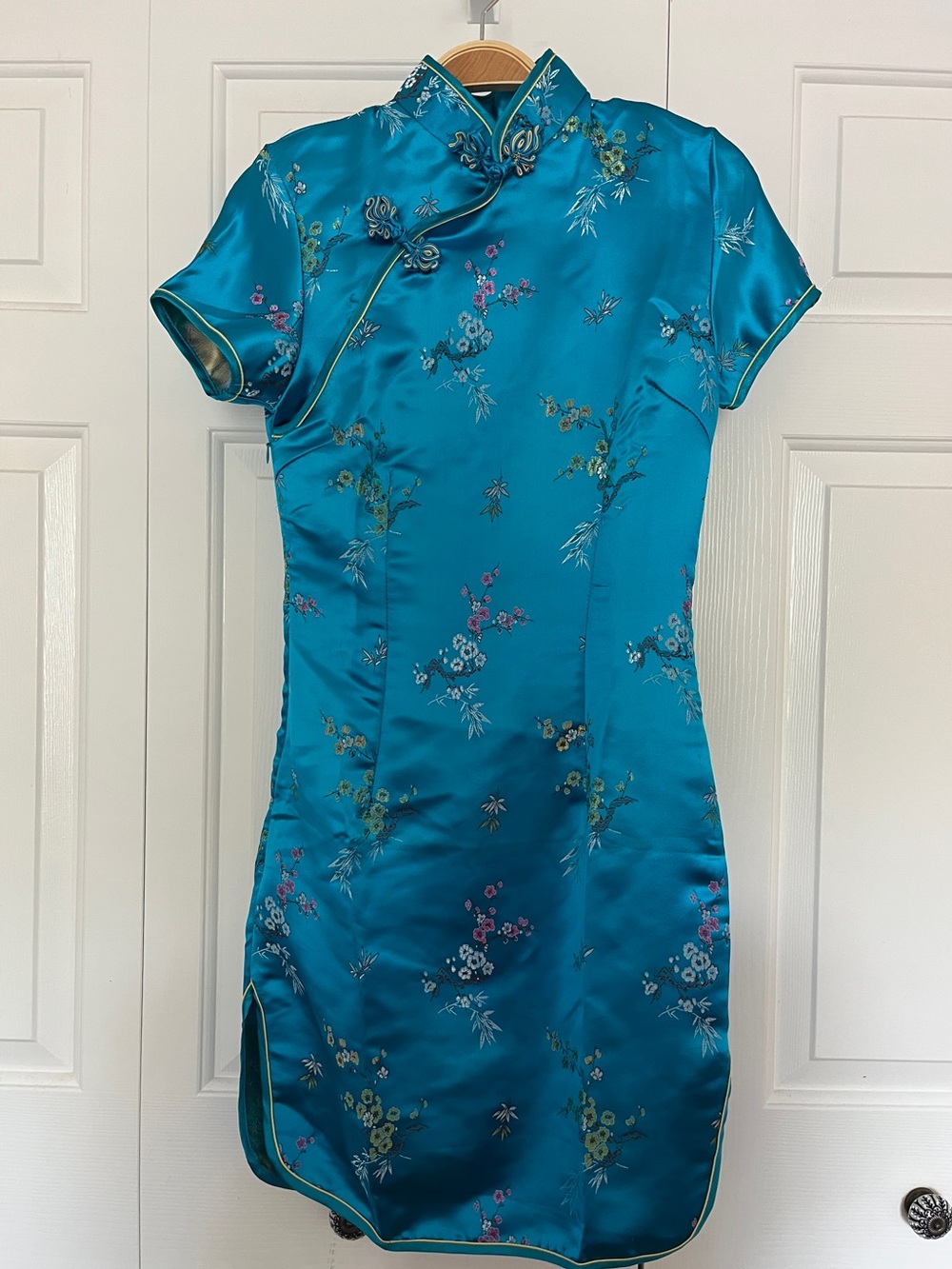 Teal Floral Satin Qipao Dress